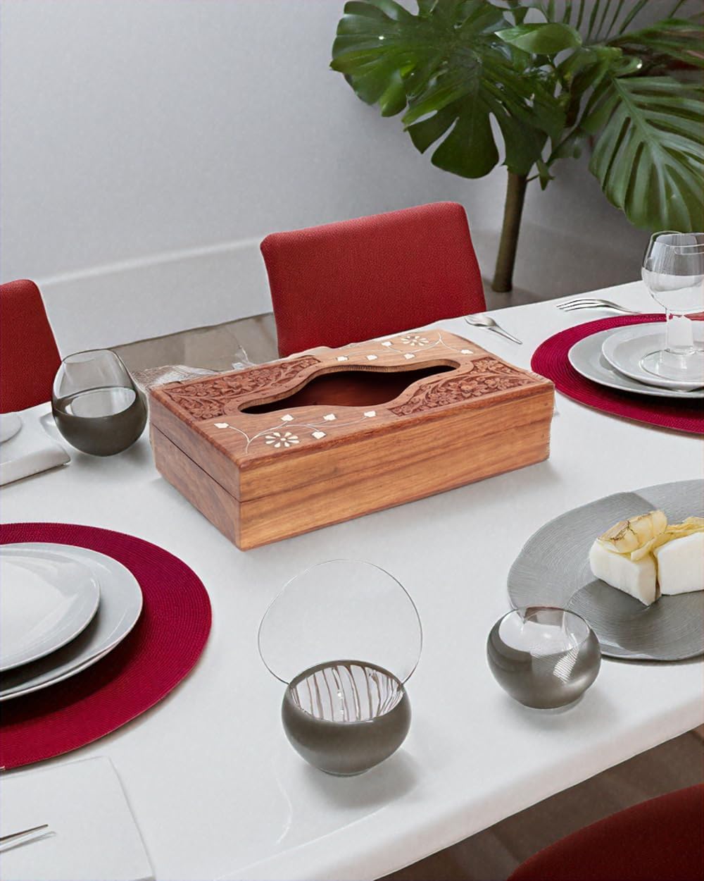 Wooden Tissue Box Cover, 9 x 5 Inch, Compatible with Pottery Barn Furniture and Decor, Anthropologie Furniture Style for Elegant Wooden Home Accessory (Carving White)